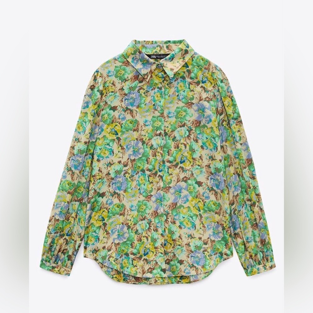 Zara Satin Multicolored Summer Floral Blouse XS